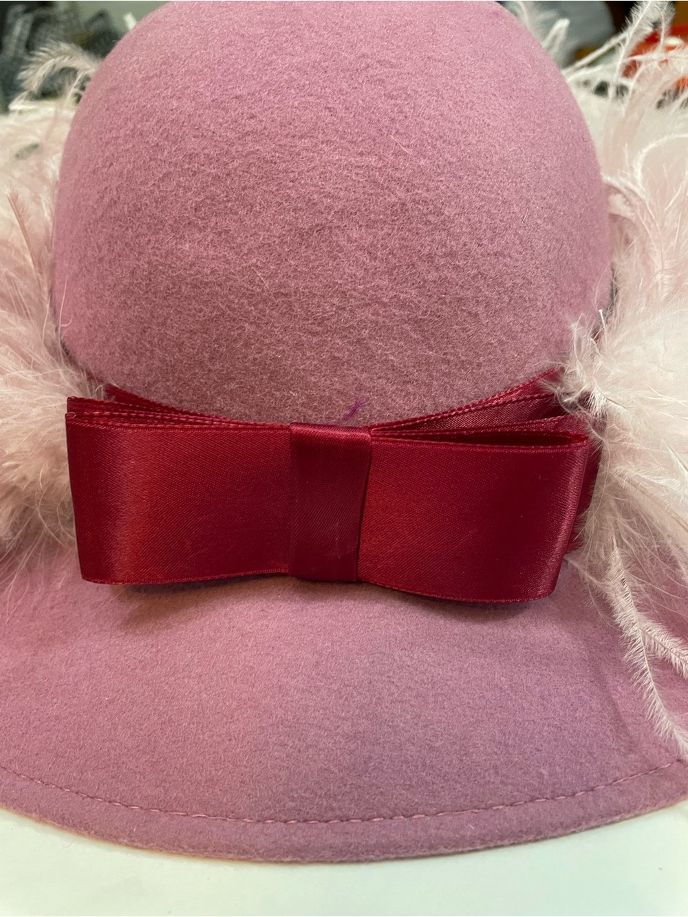 Vintage Rose Pink Boa Feather-Trim Wool Hat Ribbon Bow - Statement Church Derby - Picture 5 of 11